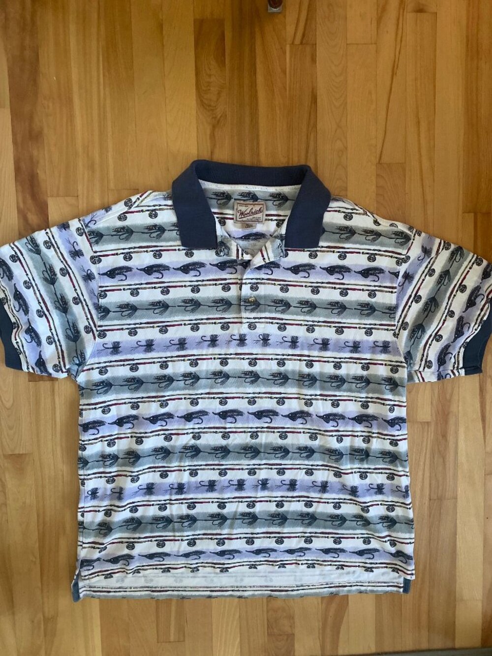 Vintage Woolrich Fishing Polo Fishing Lure Flies Men Sz L Off-white Fish 1990